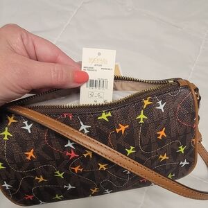 Michael Kors Brown Crossbody Bag with Colorful Airplane Design